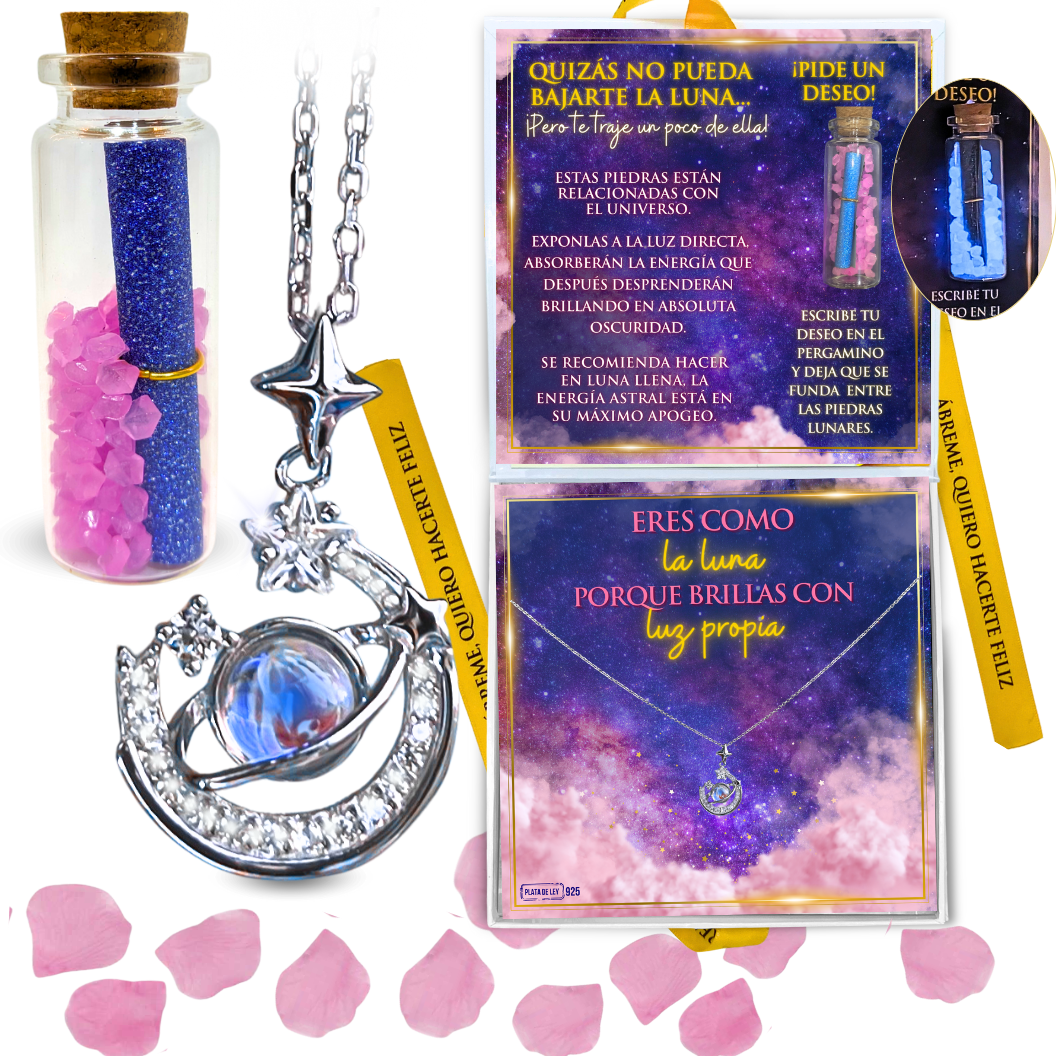 Colgante Plata de Ley 925 Luna con Piedra Ópalo Incrustada y Bote Deseos